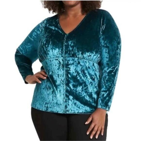 Lane Bryant Crushed Velvet Blouse Top Teal 26/28 V-Neck Long Sleeve - Picture 1 of 6